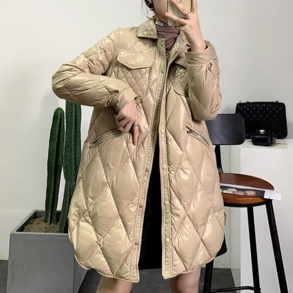 

men's down & parkas european 2021 winter version a jacket lapel diamond lattice cultivate morality female in long thin coat, Black