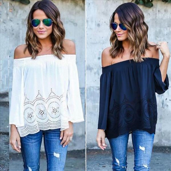 

boho womens off the shoulder strapless long sleeve blouse beach shirts new drop shipping, White