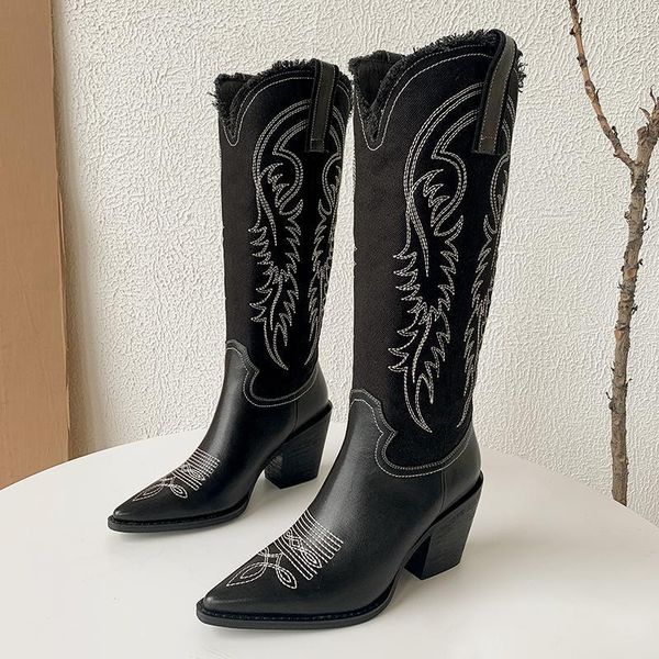 

boots western women knee high cowboy fashion pointed toe sewing shoes female heels thick ladies 2021 autumn 1, Black