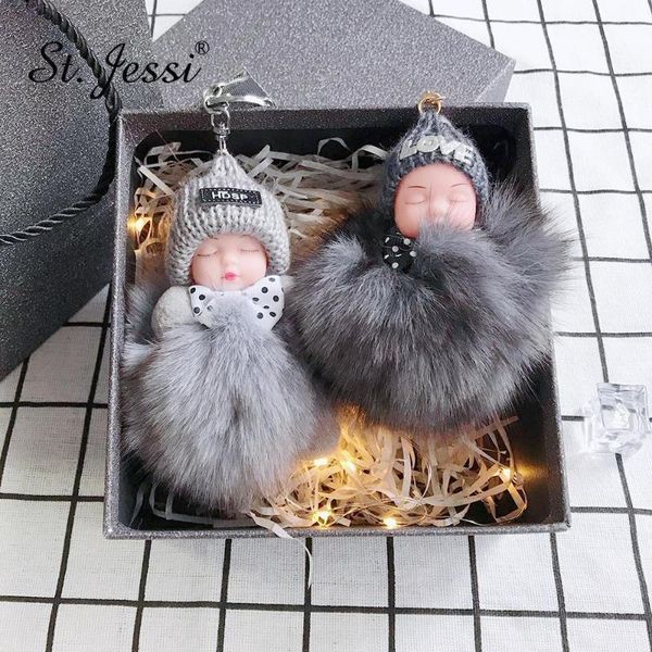 

keychain new cute fluffy pompon sleeping baby doll real fur ball chain car keyring women key holder bag pendant charm, Silver