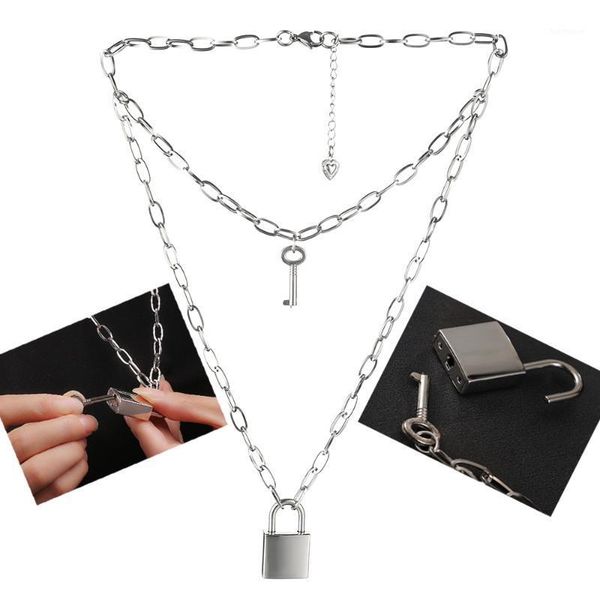 

1 pair hip hop jewelry lock & key pendant necklace women men couple padlock necklace layered chain choker meaning forever love1, Silver