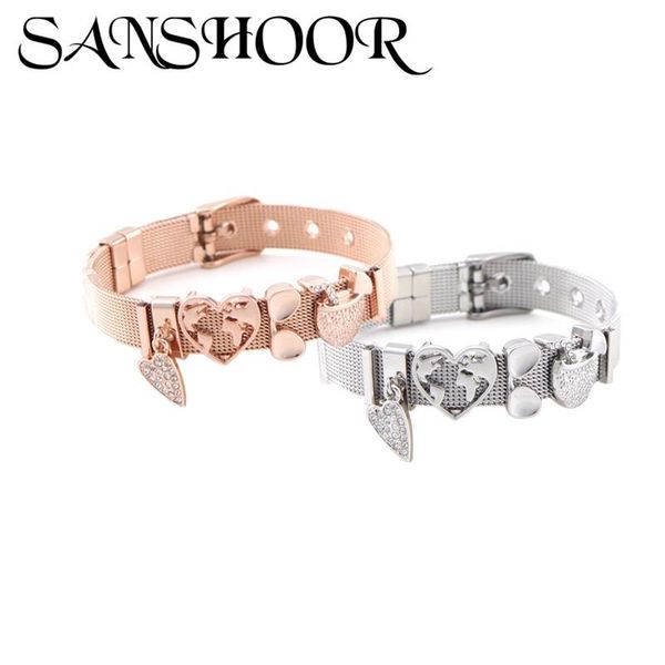 

charm bracelets drop sanshoor jewelry hanging heart globle map slide charms fit stainless steel mesh bracelet set as valentine's gift, Golden;silver
