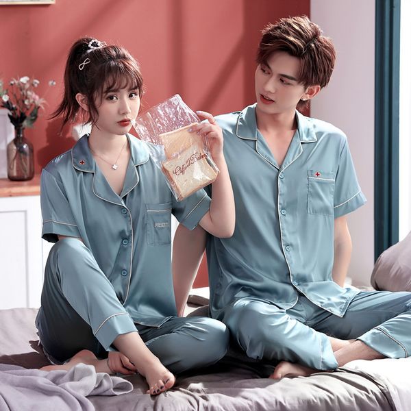

youest couple pajamas set men women long sleeve sleepwear solid color satin sleepwear t200429, Black;red