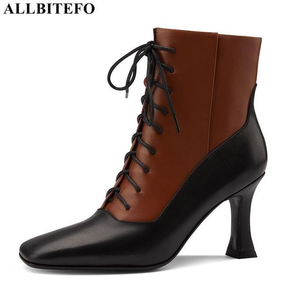 

boots allbitefo large size:34-42 genuine leather high heels ankle for women heel shoes autumn, Black