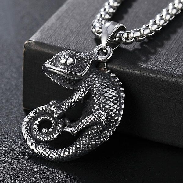 

chokers gothic stainless steel chameleon pendant necklace punk biker animal cool men fashion jewelry drop store, Golden;silver