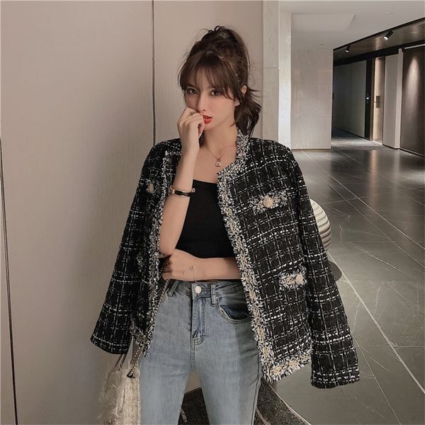

retro short small fragrance jacket women 2021 autumn korean fashion french jacket women loose tweed temperament female 220217, Black;brown