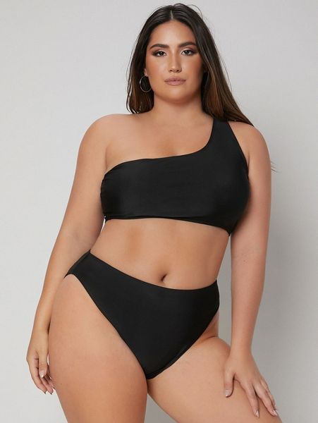 

plus solid one shoulder bikini swimsuit g7ed#, Black