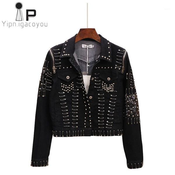 

fashion denim jacket women black coat spring autumn plus size rivet short jeans jacket women streetwear korean female jeans coat1, Black;brown