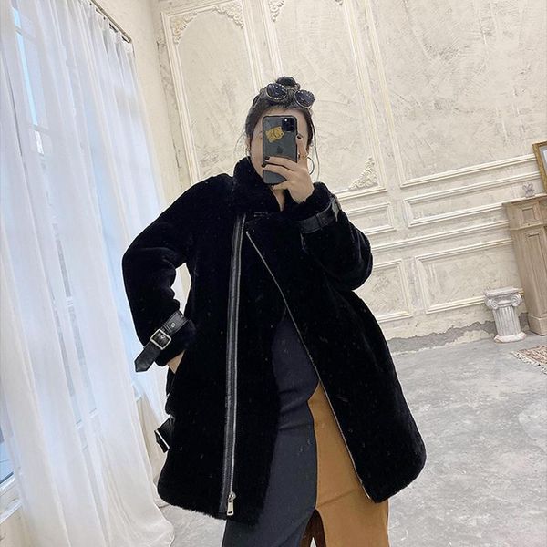 

women coat natural sheepskin and fur outwear 2019 winter fashion merino sheep fur windbreaker warm and thick h91, Black