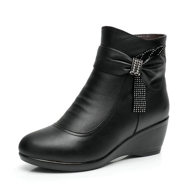 

boots 2021 fashion autumn winter snow large size 34-43 rhinestone cowhide leather shoes woman wedges warm, Black