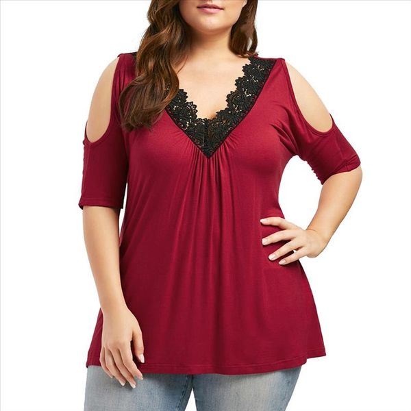 

jaycosin blusas plus size womens shirt short lace trim v neck cold shoulder strapless blouse mar29, White