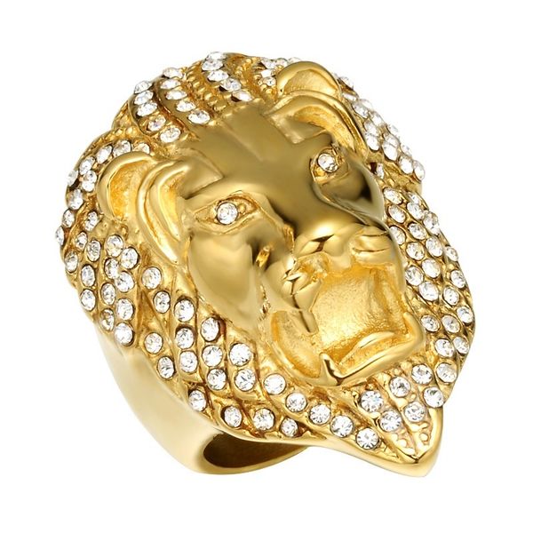 

lujoyce hiphop lion head ring micro pave rhinestone iced out bling mens ring ip gold filled titanium stainless steel rings for men jewelry, Golden;silver