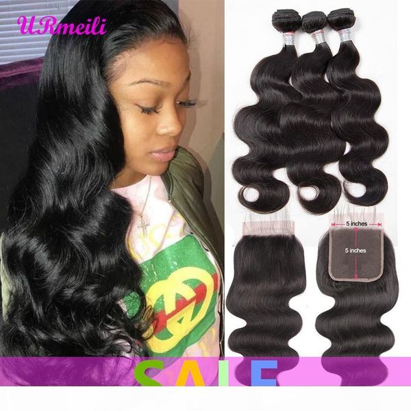 

brazilian virgin hair body wave bundles with 5x5 closure part brazilian hair weave 5x5 closure with 3 4 bundles remy natural black, Black;brown