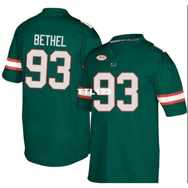 

2019 new player 121 miami hurricanes pat bethel #93 real full embroidery college jersey size s-4xl or custom any name or number jersey, Black