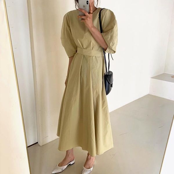 

ewq] 2020 summer korea casaul women dress ladies long robe minimalist v-neck loose high waist strappy puff sleeve dresses qv6971, Black;gray