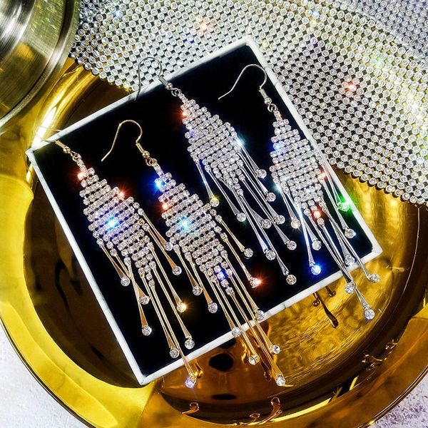 

dangle & chandelier fyuan fashion shiny rhinestone crystal drop earrings for women luxury gold silver color long tassel earring weddings jew