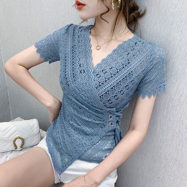 

summer women clothes short-sleeve new v-neck tie rope casual shirt fashion crochet lace blouse hollow out 1, White