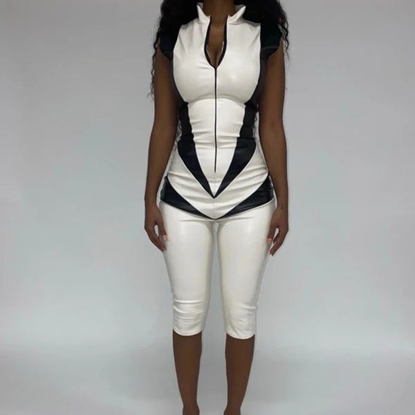 

spring autumn faux leather pu sleeveless zipper playsuit skinny spliced black white rompers jumpsuit fashion women playsuit