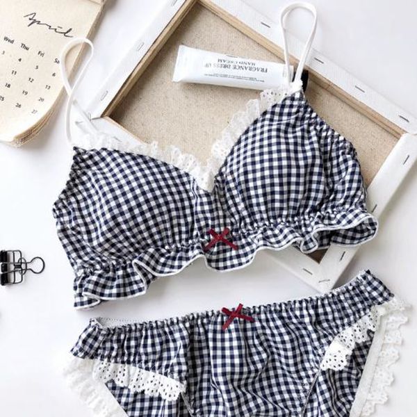 

wriufred college plaid lingerie set comfortable wire bow bras panties cotton lace sweet underwear set soft cup bralette c1211, Black;white