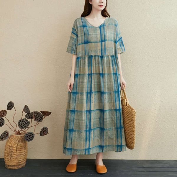 

hemp 2020 cotton summer small women's fresh plaid dress, Black;gray