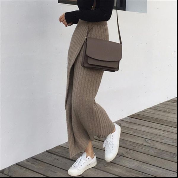 

autumn winter thick women knitted skirt elastic waist a line front split female sweater skirts elegant ladies skirt, Black