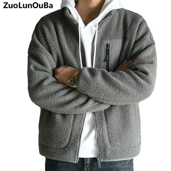 

winter lamb velvet zipper coat plus velvet thick solid color casual stand-up collar fleece comfortable and warm boys cotton coat, Black