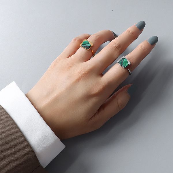 

ins japanese and korean simple net red turquoise female open index finger ring titanium steel 18k gold a128, Silver
