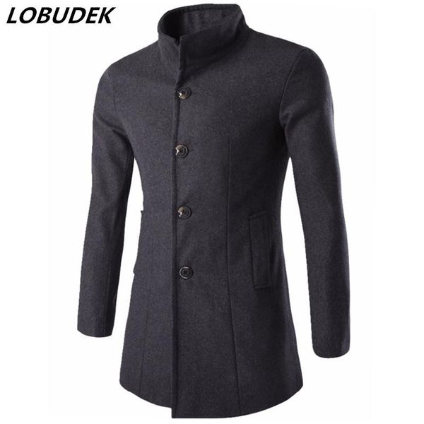 

stand collar men's slim long jacket coat fashion casual windbreaker winter autumn male trench outerwear outdoors woolen clothing, Tan;black