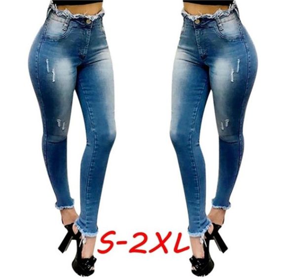 

womens designer skinny jeans fashion holed burr high waist jeans casual womens slim denim pencil pants, Blue