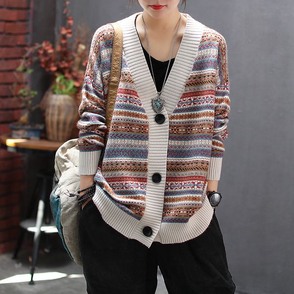 

2020 retro cardigan jacquard v-neck long-sleeved sweater jacket autumn casual all-match single-breasted knitted cardigan women c1120, White;black