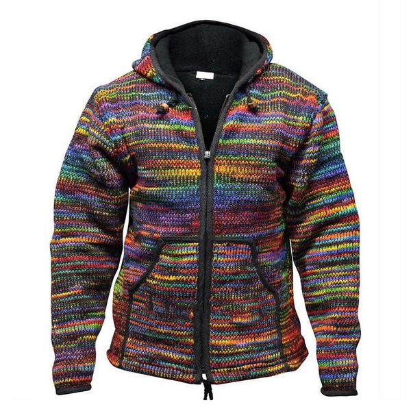 

men's sweaters 2021 autumn men hooded wool cardigan sweater jumper retro patchwork knit outwear coat striped with pocket, White;black