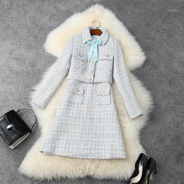 

european and american women's wear 2020 winter new style long - sleeved single - breasted jacket tank dress tweed two-piece1, Black;gray