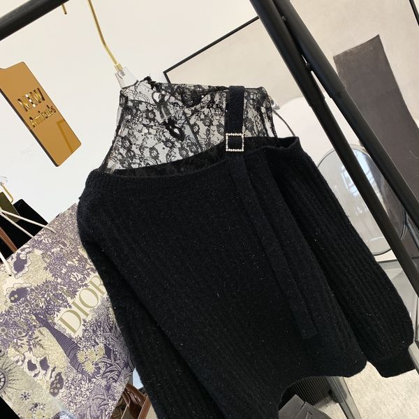 

early spring 2021 new korean simple temperament careful machine leakage shoulder lace top, White;black