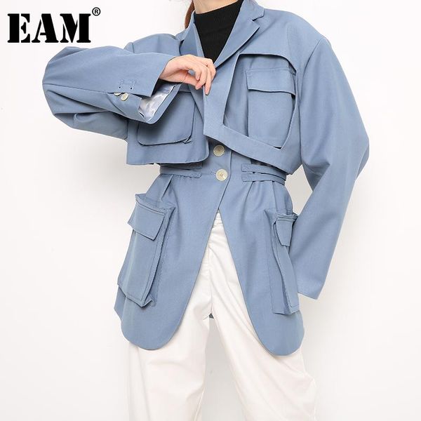 

eam] women big size blue bandage pocket trench new lapel long sleeve loose fit windbreaker fashion spring autumn 2021 1h26405m, Tan;black