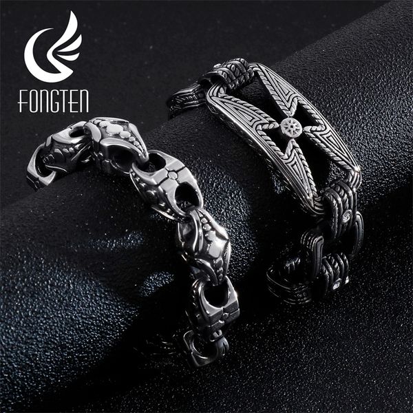 

fongten viking bracelet punk men cross bead vintage black stainless steel link charm male bracelets bangle fashion jewelry y200730