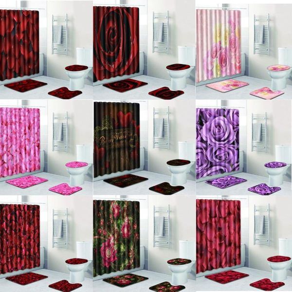 

3d bathroom red rose flower waterproof shower curtain toilet cover non-slip rug mat set valentine's day wedding party decoration1