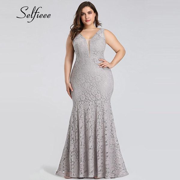 

white lace dress women elegant mermaid v neck sleeveless long formal party dress evening night wear plus size robe femme, Black;gray