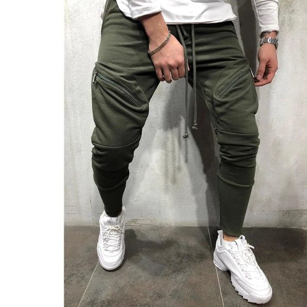 

2020 men business casual cotton slim straight trousers spring summer long pants multi-pocket hip-hop zip-up sweatpants jogging p1, Black