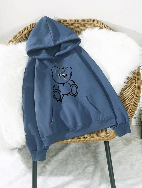 

bear & letter graphic drop shoulder drawstring hoodie n6ws#, White;black