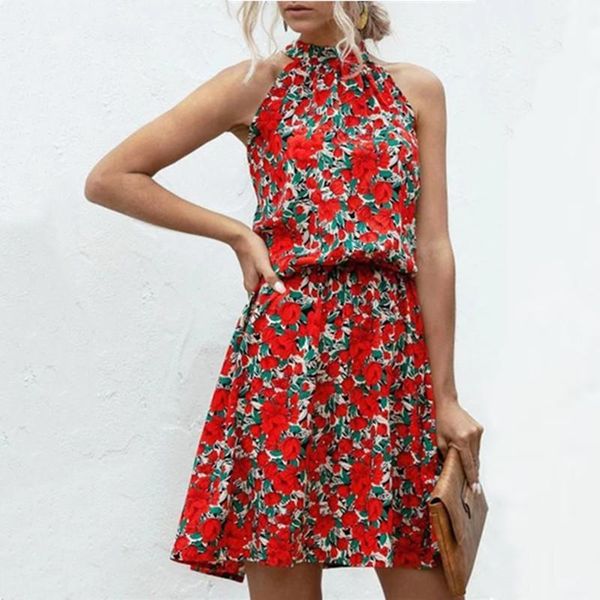 

new women summer dress floral dress beach halter elegant bohemian casual loose fashion ladies dresses1, Black;gray
