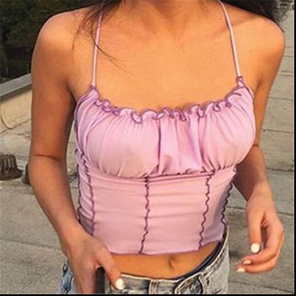 

summer women purple vest fashion sleeveless strapless solid ruffles crop pullovers ladies tanks women camisole, White