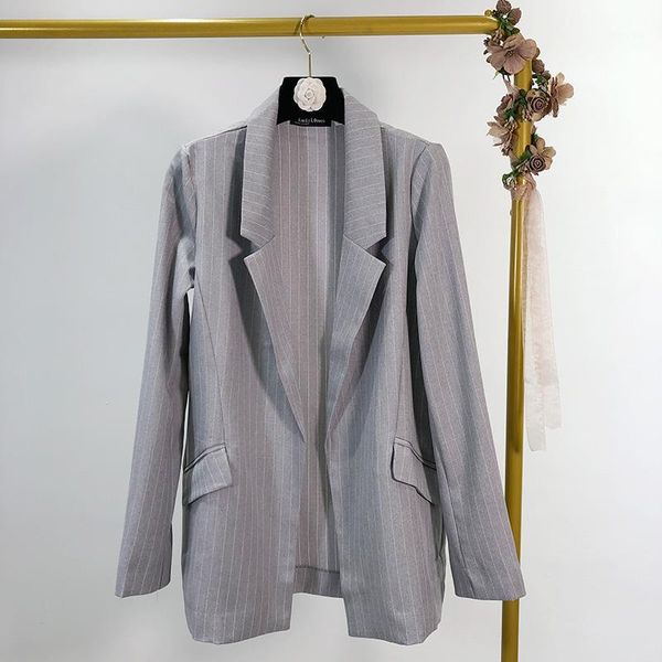 

2020 autumn new temperament without buckle striped suit female long coat1, Black;brown