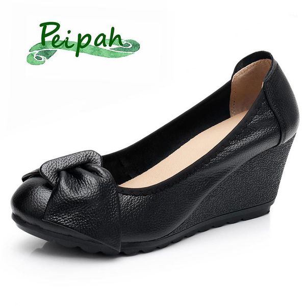

peipah wedges platform shoes woman genuine leather women's high heels shallow mary jane female shoes casual slip-on heel pumps1, Black