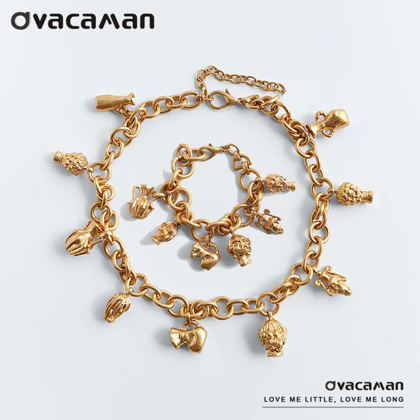 

dvacaman 2020 za unique fashion design vase and face decoration pendant women vintage gold metal chain necklace jewelry q1209, Bronze;silver