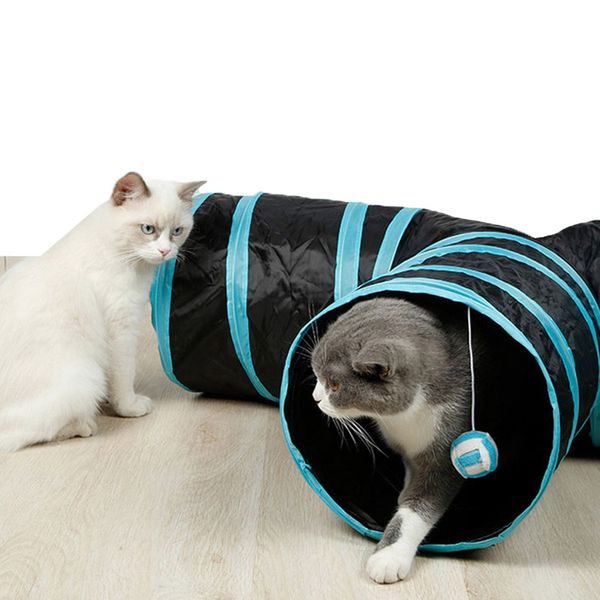 

pet toys 3 exit cat tunnel polyester fabric foldable t-tunnel built-in bells cat ball 2021 selling gift of the cat