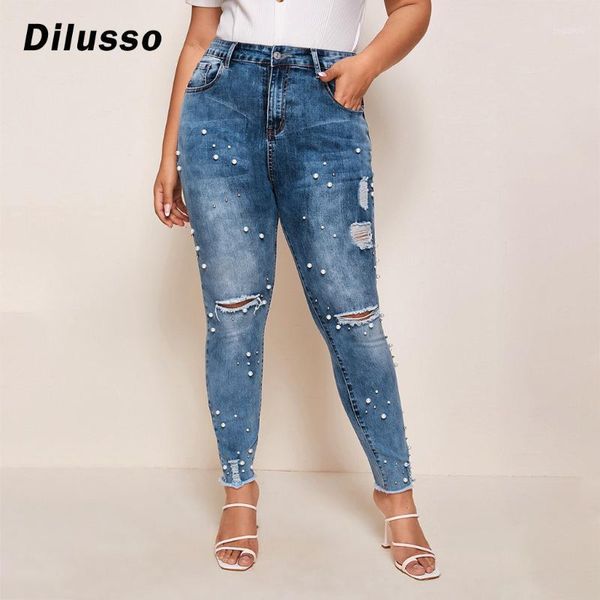

women high waisted skinny pearl jeans hole denim stretch pants jeans calf length casual pencil ladies jeans#d31, Blue