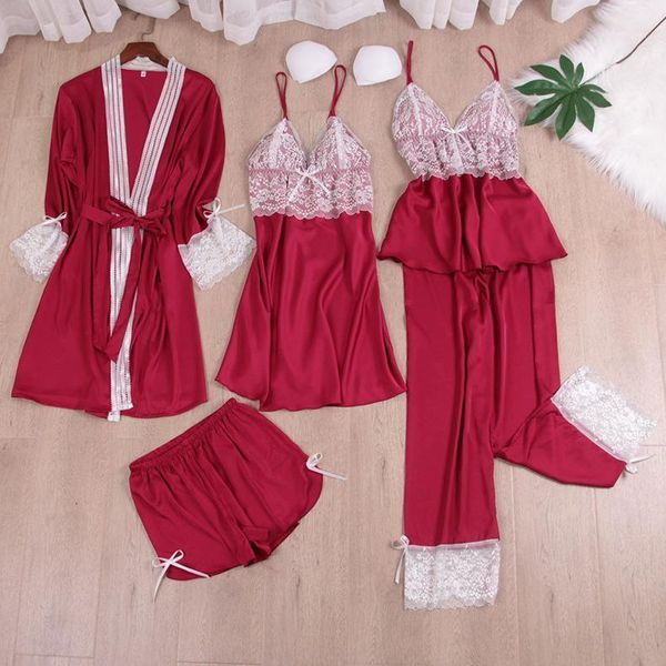 

women's sleepwear faux silk women bathrobe gown 5pcs backless strap nightdress loose robe homewear summer spring lace intimate ling, Black;red