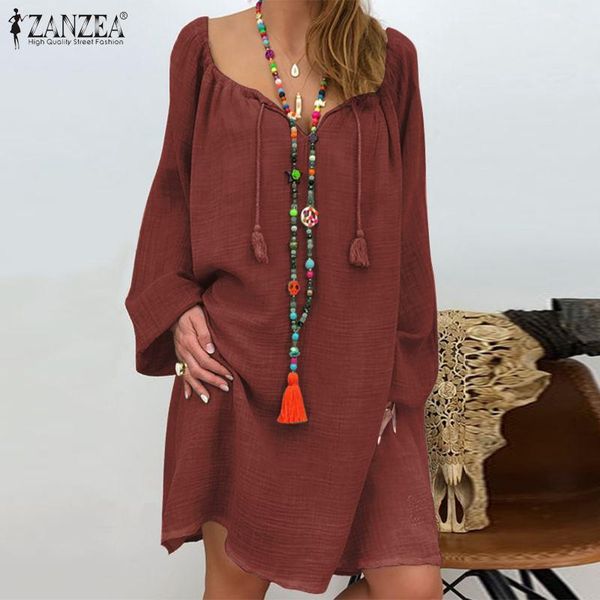 

zanzea bohemian a line robe female solid cotton linen vestidos casual square collar dress womens summer mini dress oversize, Black;gray