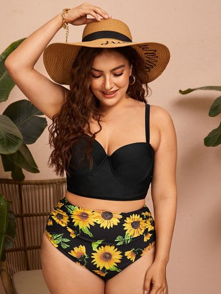 

plus sunflower print push up bikini swimsuit g2zp#, Black