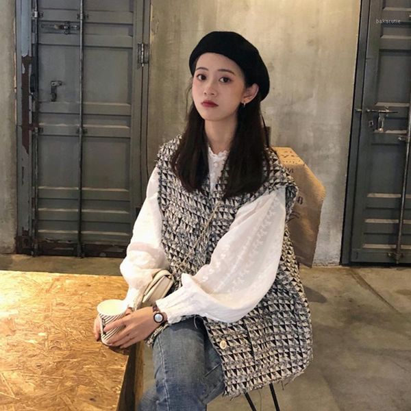 

women's oversized knitted vest jacket sweater v-neck sleeveless houndstooth loose vest chic sweater women's jacket1, Black;white